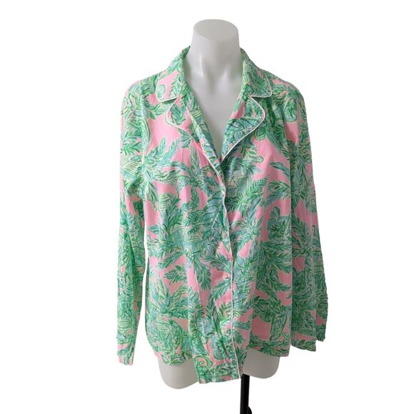 Lilly Pulitzer XL Button Up Pajama Top Green Pink Cotton Botanical Long Sleeves - Picture 1 of 13